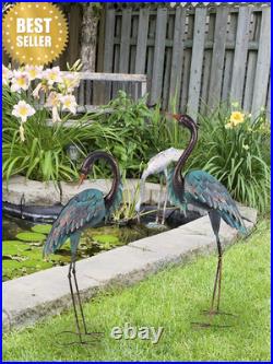 Blue Heron Metal Crane Statues Set of 2 37-40in Outdoor Garden Yard Art