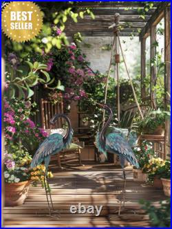 Blue Heron Metal Crane Statues Set of 2 37-40in Outdoor Garden Yard Art