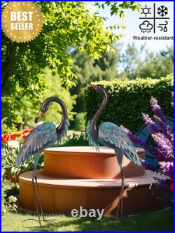 Blue Heron Metal Crane Statues Set of 2 37-40in Outdoor Garden Yard Art