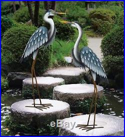 Blue Heron Metal Yard Sculpture Pair of 2 Crane Garden Statues