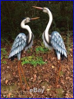 Blue Heron Pair Coastal Metal Garden Statue Crane Bird Yard Art Sculpture 44