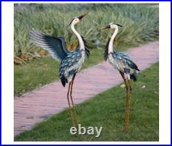 Blue Heron Pair Metal Garden Statue Coastal Crane Bird Yard Art Sculpture Lawn