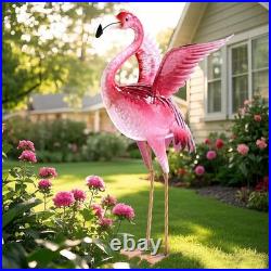 Bright Pink Garden Flamingo Statue Metal Bird Yard Art for Outdoor Elegance