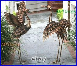 Bronze Crane Pair Metal Garden Statue Heron Bird Sculptures 28H Set Of 2