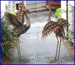 Bronze Crane Pair Metal Garden Statue Heron Bird Sculptures 28H Set Of 2