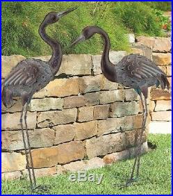 Bronze Crane Pair Metal Garden Statues Mystical Bird Yard Art Heron Sculpture