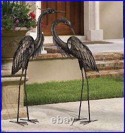 Bronze Heron Pair Coastal Metal Garden Statue Crane Bird Yard Art Sculpture 43