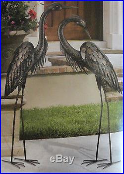 Bronze Heron Pair Metal Yard Art 3D Sculpture Bird Crane Statue Coastal Decor