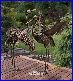 CHSGJY Large Bronze Patina Flying Crane Pair Sculpture Heron Bird Yard Art Metal