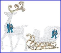 Christmas Holiday Decoration 65 LED Light White Reindeer + Sleigh Outdoor Yard