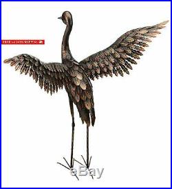 Chsgjy Large Bronze Patina Flying Crane Pair Sculpture Heron Bird Yard Art Metal