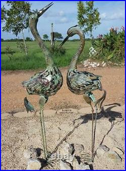 Coastal Heron Statue Pair Garden Crane Beach Bird Rustic Sculpture Lawn Yard Art