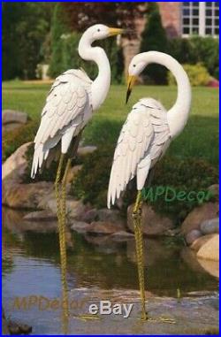 Coastal White Crane Pair Garden Statues Egret Heron Bird Sculptures Yard Art 44