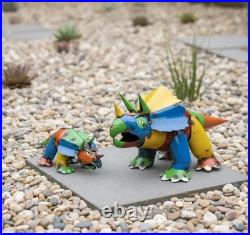 Colorful Metal Triceratops Family Yard Art Handmade Outdoor Garden Statue