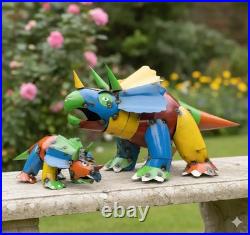 Colorful Metal Triceratops Family Yard Art Handmade Outdoor Garden Statue