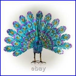 Colorful Teal Metal Peacock Outdoor Sculpture Bright Durable Yard Garden Statue