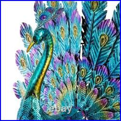 Colorful Teal Metal Peacock Outdoor Sculpture Bright Durable Yard Garden Statue