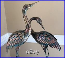 Copper Patina Crane Pair Metal Garden Decor Statues Bird Yard Sculptures Heron