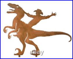Cowboy on Dinosaur Metal Yard Art, Rust Finish, Handmade in the USA