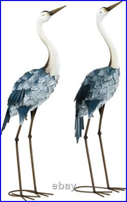 Crane Blue Heron Decoy Standing Metal Sculptures Bird Yard Art Outdoor Decor 2pc