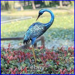 Crane Garden Statue Blue Heron Decor Metal Birds Yard Art Solar Light sculpture