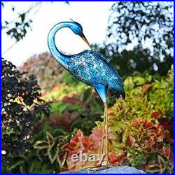 Crane Garden Statue, Blue Heron Decoy Metal Birds Yard Art with Solar Lights fo