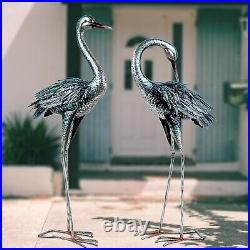 Crane Garden Statue Outdoor Blue Heron Decoy Sculpture Metal Bird Yard Art 2 Set