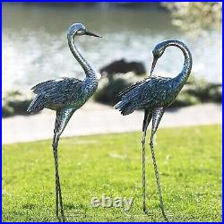 Crane Garden Statue Outdoor Blue Heron Decoy Sculpture Metal Bird Yard Art 2 Set