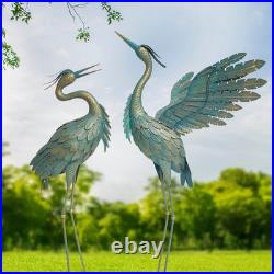 Crane Statues Set of 2 Metal Heron Garden Yard Lawn Outdoor Sculptures Cyan