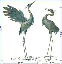 Crane Statues Set of 2 Metal Heron Garden Yard Lawn Outdoor Sculptures Cyan