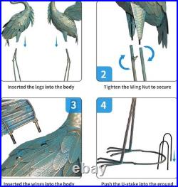 Crane Statues Set of 2 Metal Heron Garden Yard Lawn Outdoor Sculptures Cyan