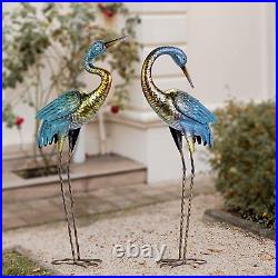 Crane Statues Standing Blue Heron Sculpture Metal Bird Yard Art Decoration 2 Set