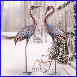 Elegant Patina Heron Crane Statues Handmade Metal Outdoor Garden Art, Set of 2