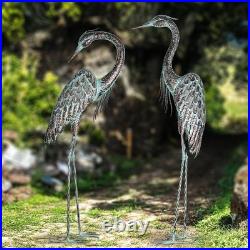 Elegant Set of 2 Garden Crane Statues Copper Patina 42-46 Inch Yard Art