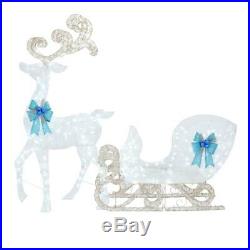 Festive Holiday Pre-Lit 65 In. Reindeer 46 In. Sleigh Blue Bows White Yard Decor
