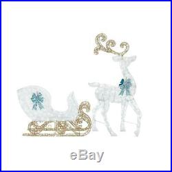 Festive Holiday Pre-Lit 65 In. Reindeer 46 In. Sleigh Blue Bows White Yard Decor