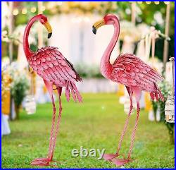 Flamingo Garden Statue, Patio Lawn Backyard Decorations, Metal Yard Art, Set of 2