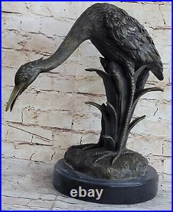 Flying Bronze Brown Patina Crane Statue Sculpture Heron Bird Metal Yard Art Deco