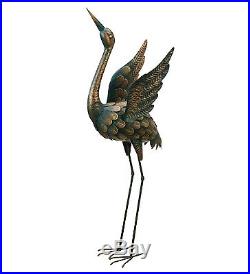 Flying Copper Patina Crane Pair Statue Sculpture Heron Bird Metal Yard Art Decor