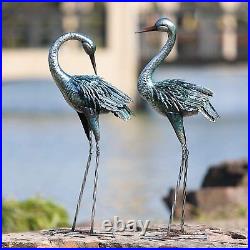 Garden Crane Statue Blue Heron Decoy Garden Sculptures Metal Bird Yard Set of 2