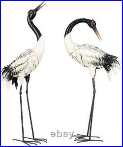 Garden Crane Statues Outdoor Red Crested Heron Yard Art Sculpture Set of 2