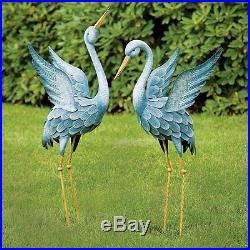 Garden Crane Statues Pair Yard Art Blue Heron Metal Sculpture Outdoor Lawn Decor