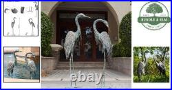 Garden Crane Statues Set of 2, Large Metal Heron Bird Art for Outdoor Decor