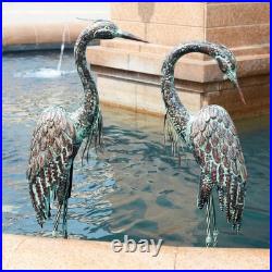 Garden Crane Statues Set of 2, Large Metal Heron Bird Art for Outdoor Decor