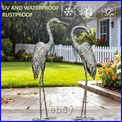 Garden Crane Statues Set of 2, Large Metal Heron Bird Art for Outdoor Decor