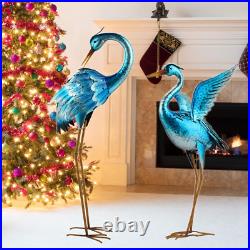 Garden Crane Statues for Outdoor Blue Heron Metal Birds Yard Art Ornaments for B