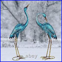 Garden Sculpture Two Statues Blue Heron Lawn Ornaments Standing Metal Crane Yard