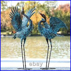 Garden Sculptures Statues Blue Decor Large Bird Yard Art Standing Metal Set of 2