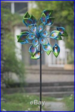 Garden Yard Spinner Wind Outdoor Art Kinetic Energy Sculpture Pinwheel Peacock