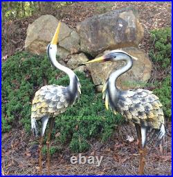 Grey Heron Pair Metal Garden Statues Bird Sculpture Crane Egret Gray 42H 36H